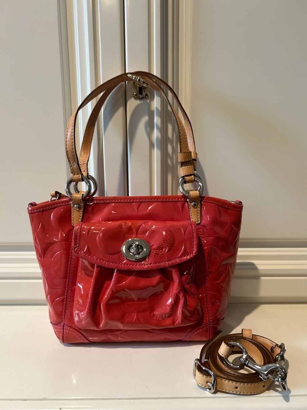 Coach orange Patent Leather Crossbody Tote with Tan Straps